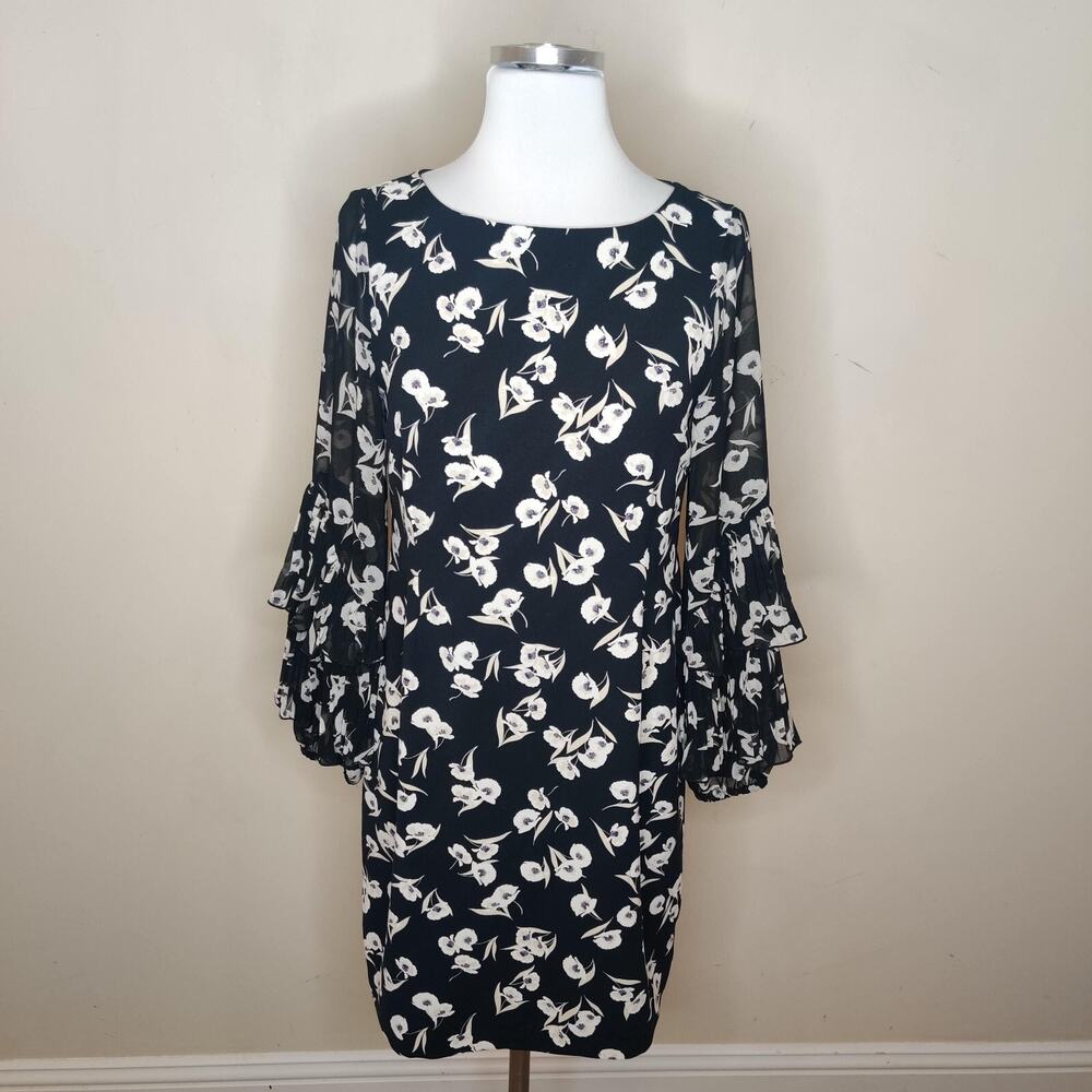 Ann Taylor Floral‎ Dress Pleated Flared Sleeve Black Ivory Shift